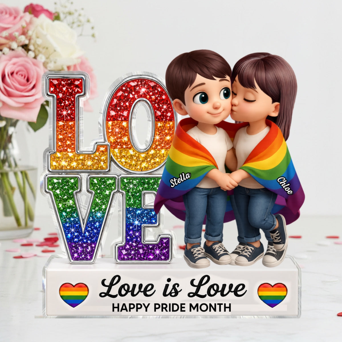 LGBT+ Couple Love Is Love - Personalized Acrylic Block Plaque - Gift For Couple, Happy Pride Month