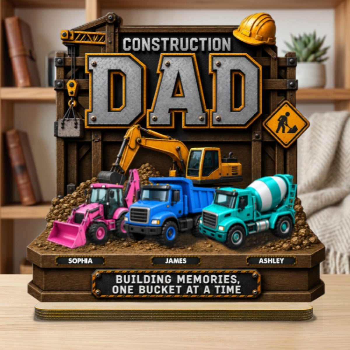 Construction Dad with Kids Names 2D Flat - Personalized Wooden Plaque