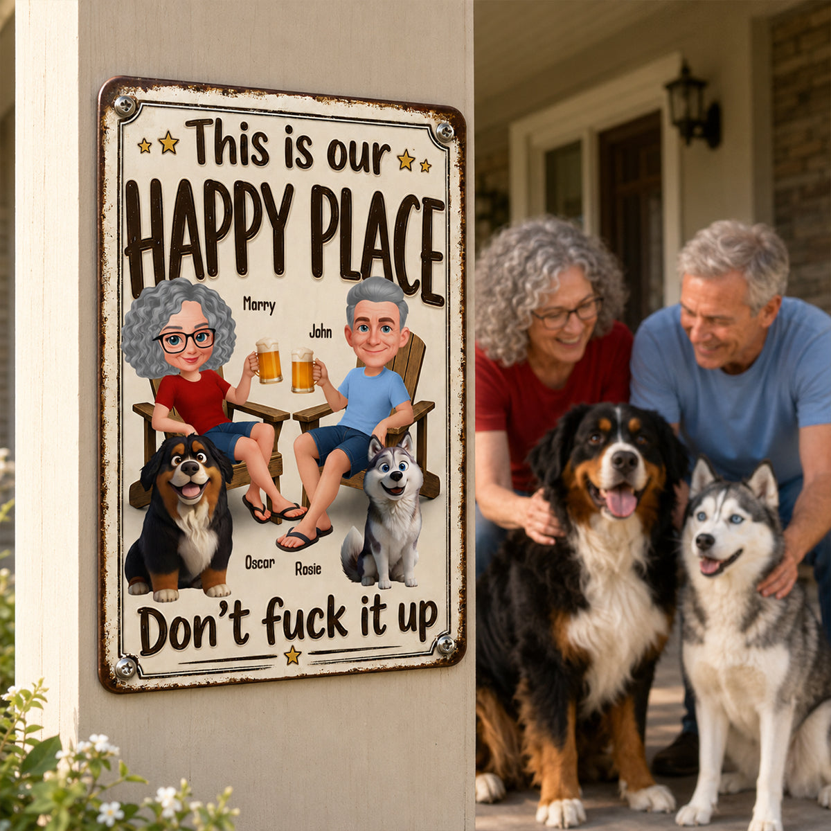 This is Our Happy Place Couple and Dogs - Personalized Metal Sign - Funny Vintage Sign for Couple