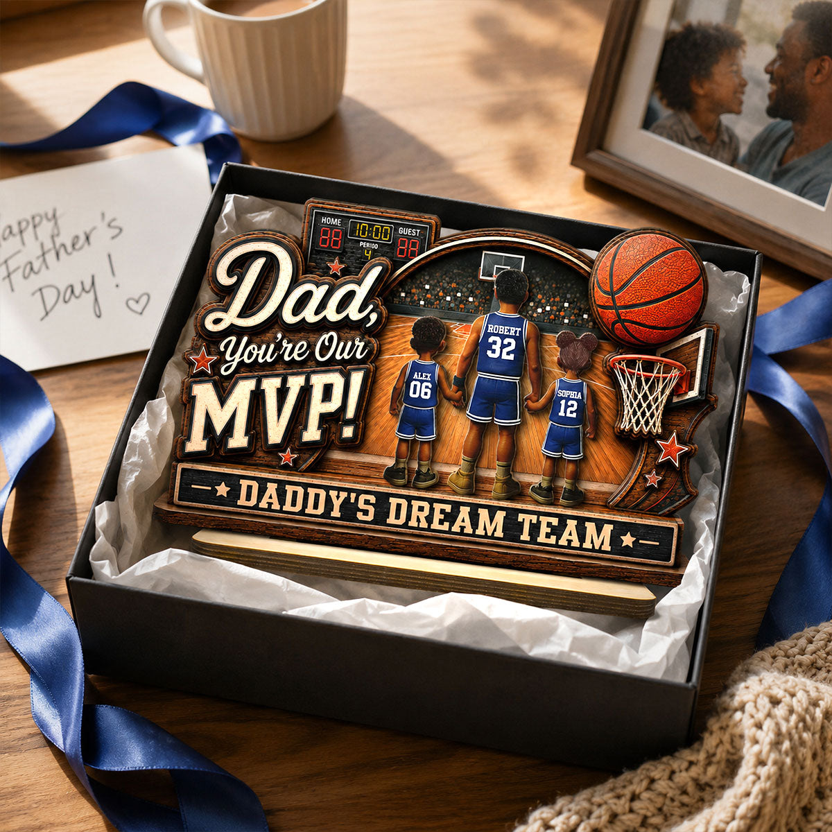 Dad You Are Our MVP Standing Basketball Man & Kids 2D Flat - Personalized 2-Layered Wooden Plaque -  Gift For Basketball Dad