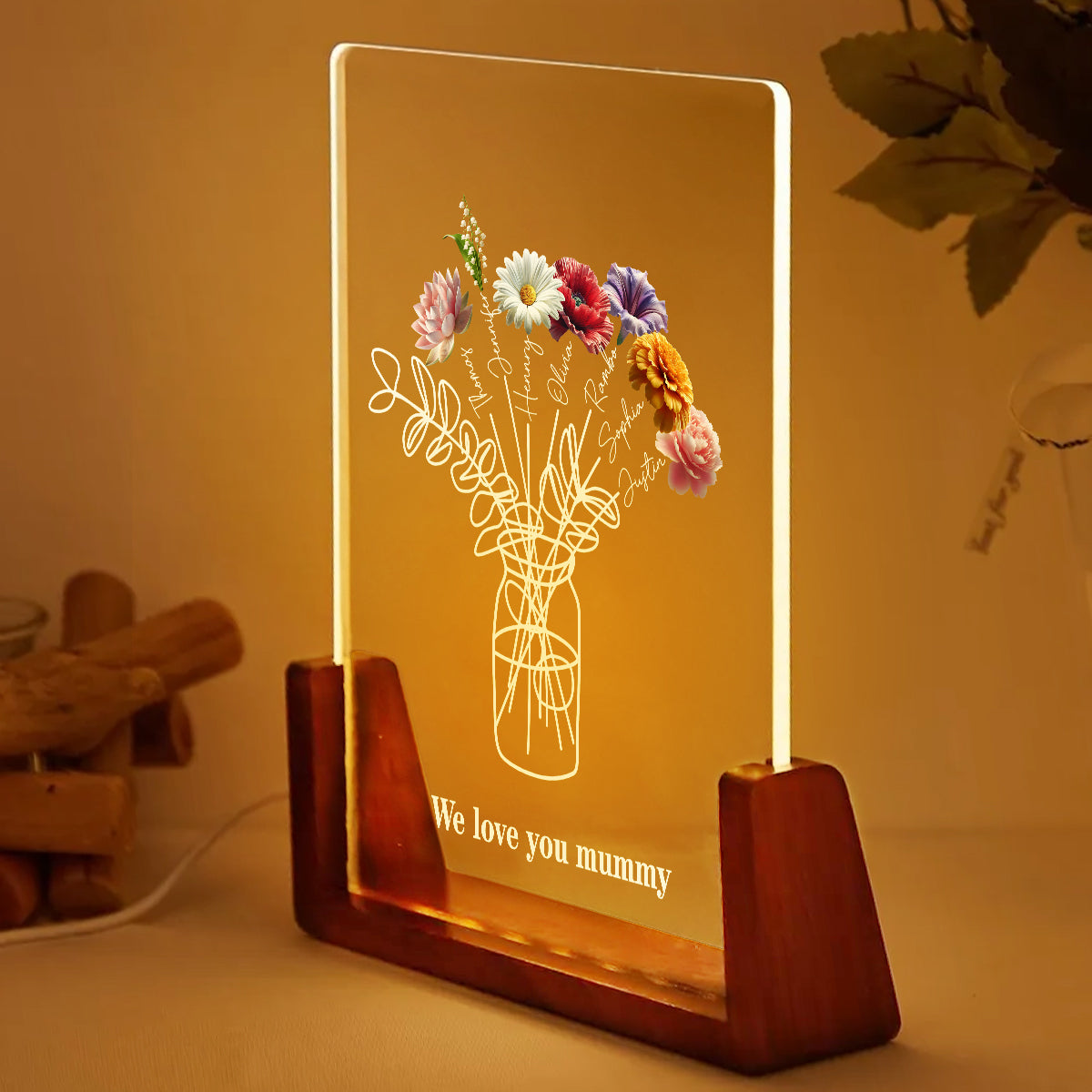 Family Birth Month Flowers Bouquet - Personalized Acrylic Block LED Night Light - Heartfelt Gift For Mom, Grandma