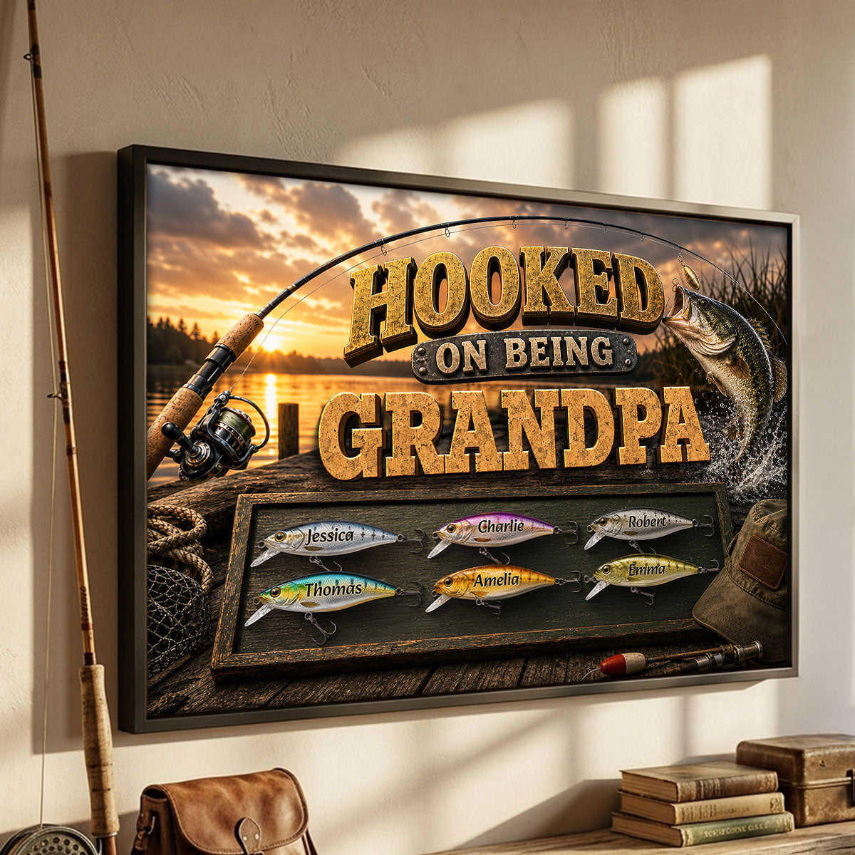 Hooked On Being Grandpa Fishing - Personalized Poster - Father's Day Gift For Dad, Grandpa