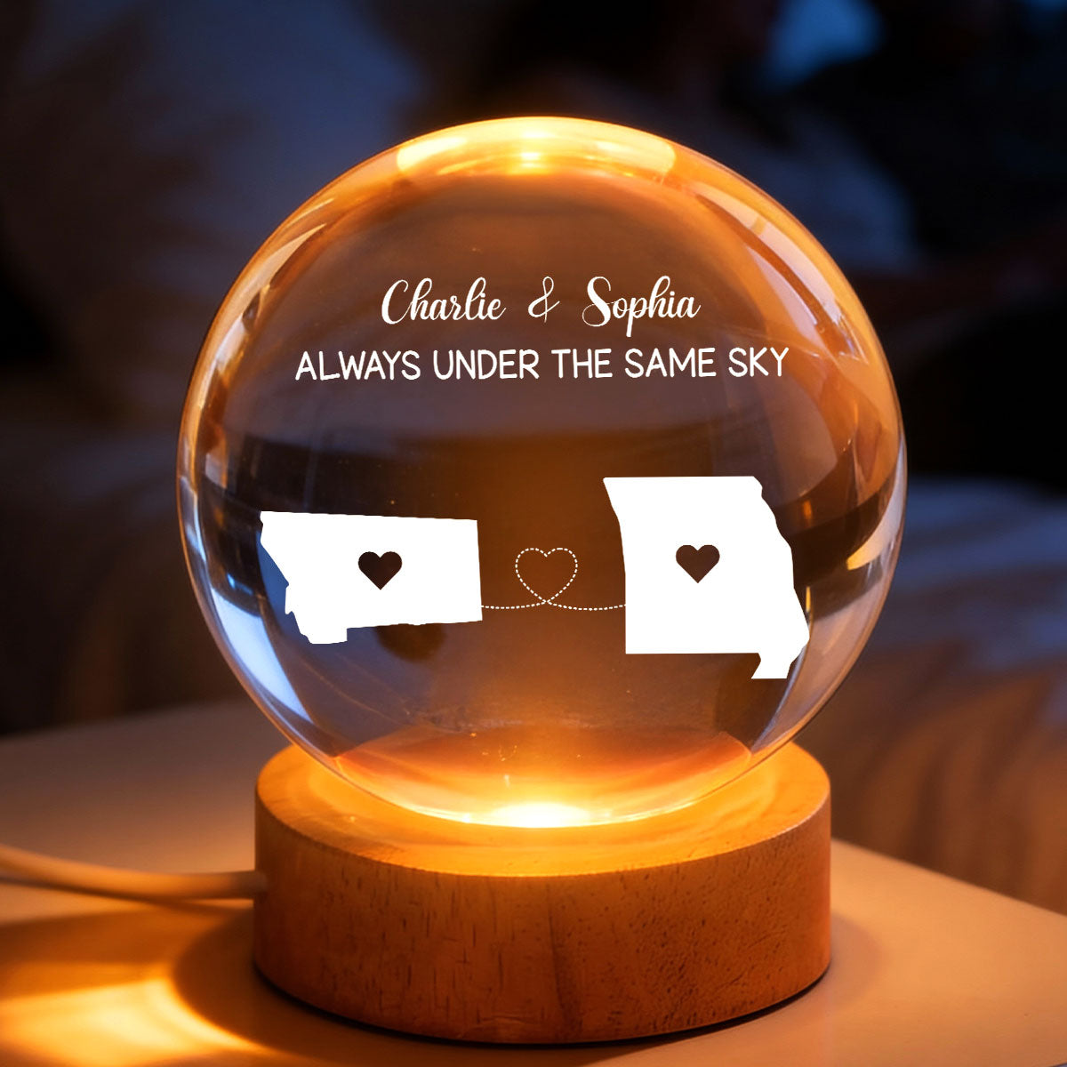 Long Distance Couple State Maps - Personalized Crystal Ball LED Night Light - Anniversary, Valentine's Day Gift, Gift For Him, Gift For Her