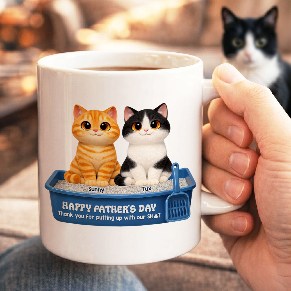 Cute Fluffy Cats Happy Father's Day Thanks For Feeding And Scooping Poo - Personalized Mug - Funny Father's Day Gift For Cat Dad, Cat Lovers