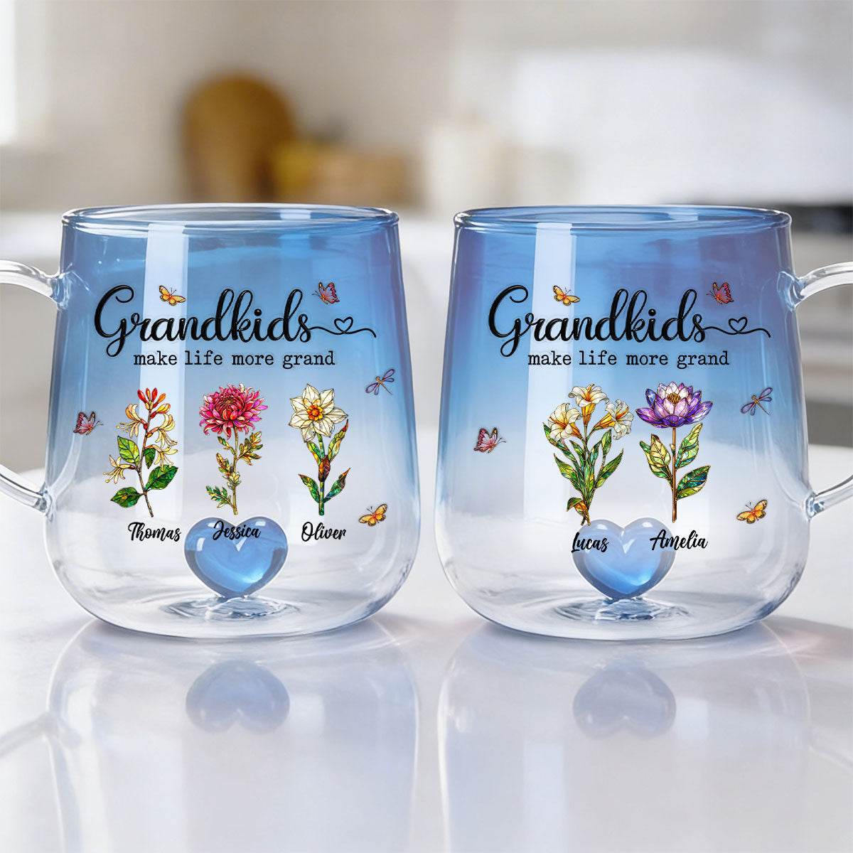 Grandkids Make Life More Grand Custom Birth Flower - Personalized Glass Mug - Heartfelt Mother's Day Gift for Grandma, Mom