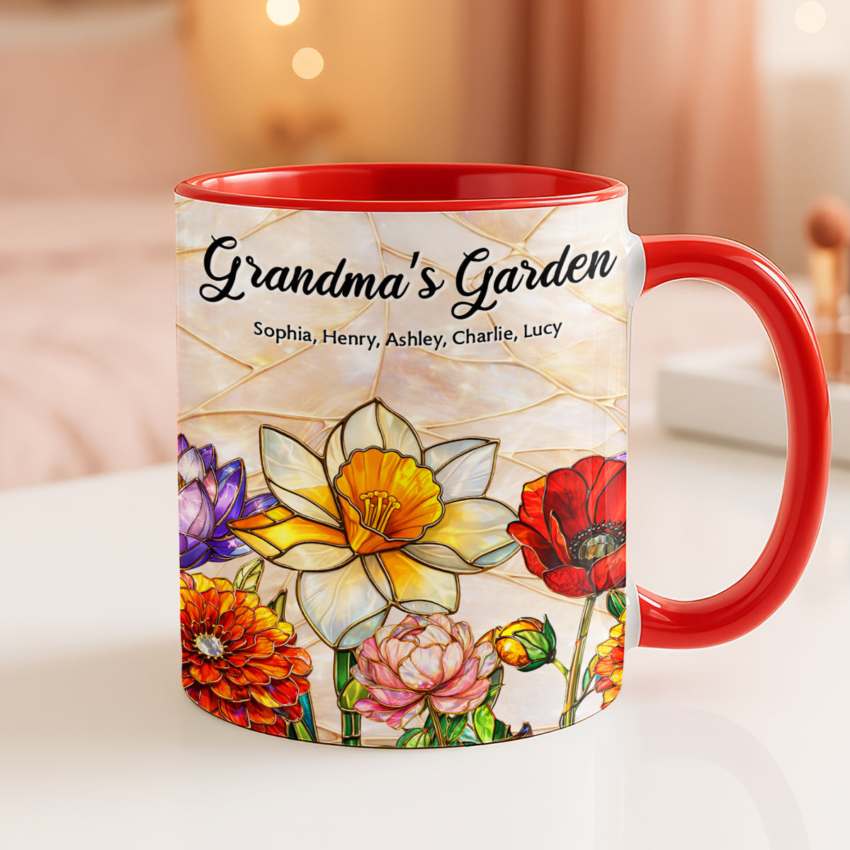 Grandma Mom's Garden Faux 3D Stained Glass Effect - Personalized Mug - Heartfelt Mother's Day Gift for Mom, Grandma, Wife