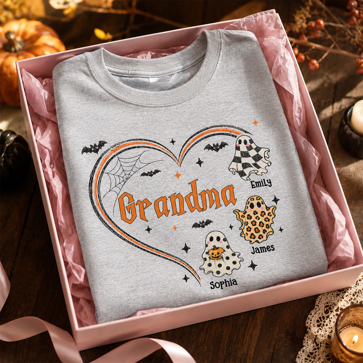 Grandma's Boo Crew Heart Checkered Leopard Polka Dot Ghosts - Personalized Shirt - Perfect Halloween Costume for Grandma