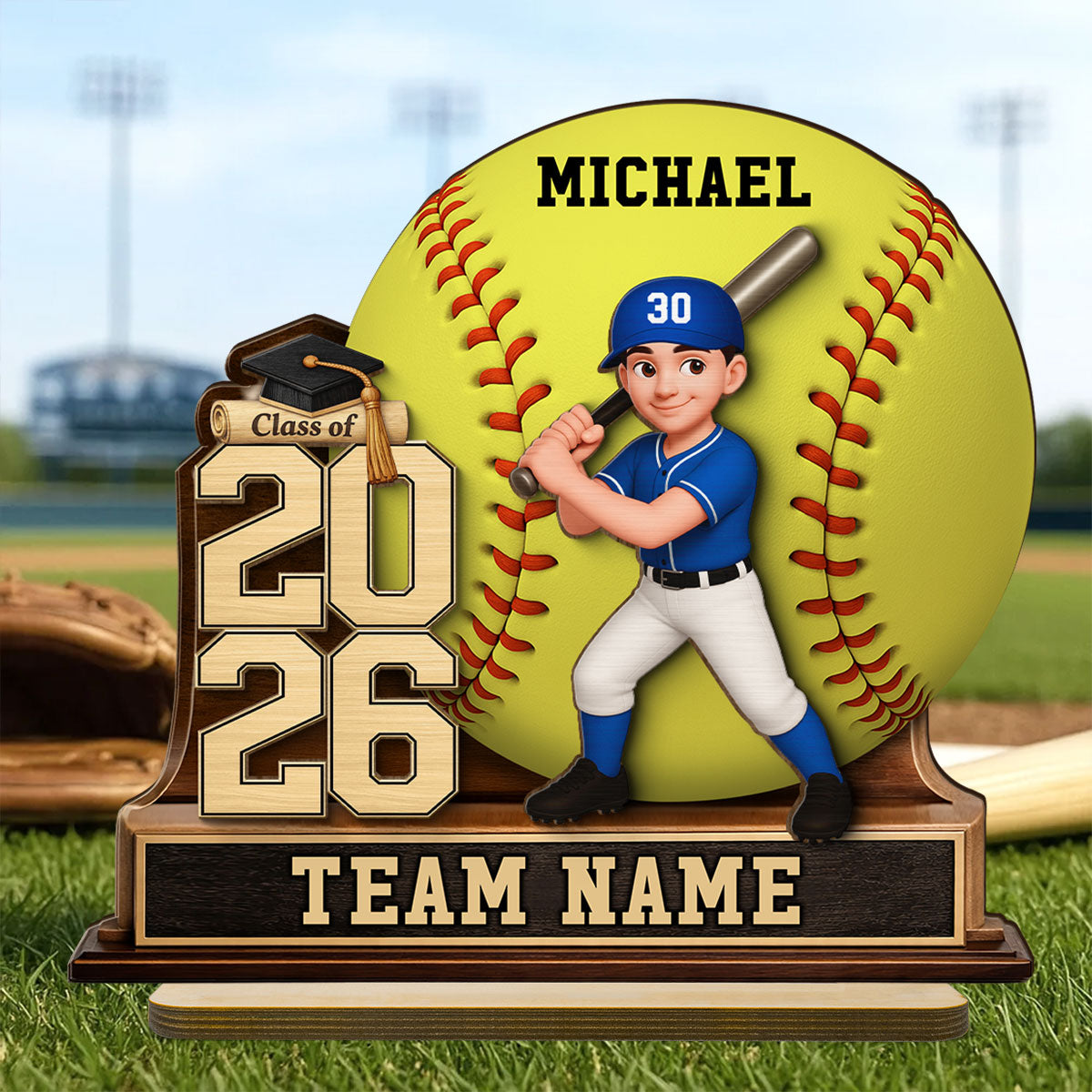 Baseball Softball Senior Keepsake 2D Flat - Personalized 2-Layered Wooden Plaque - Graduation Gift For Son, Daughter