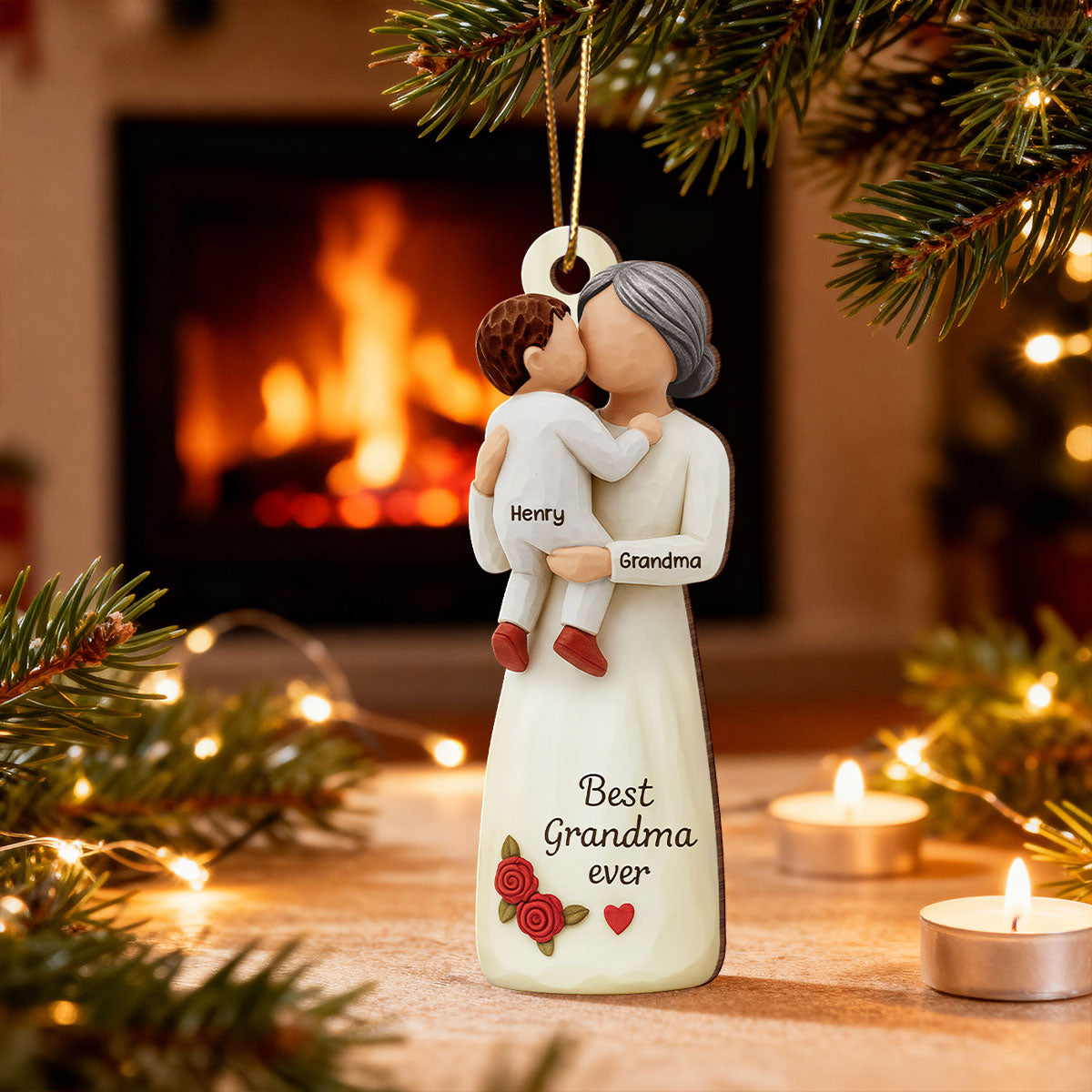 Grandma Hugging Grandkid 3D Effect - Personalized Wooden Ornament