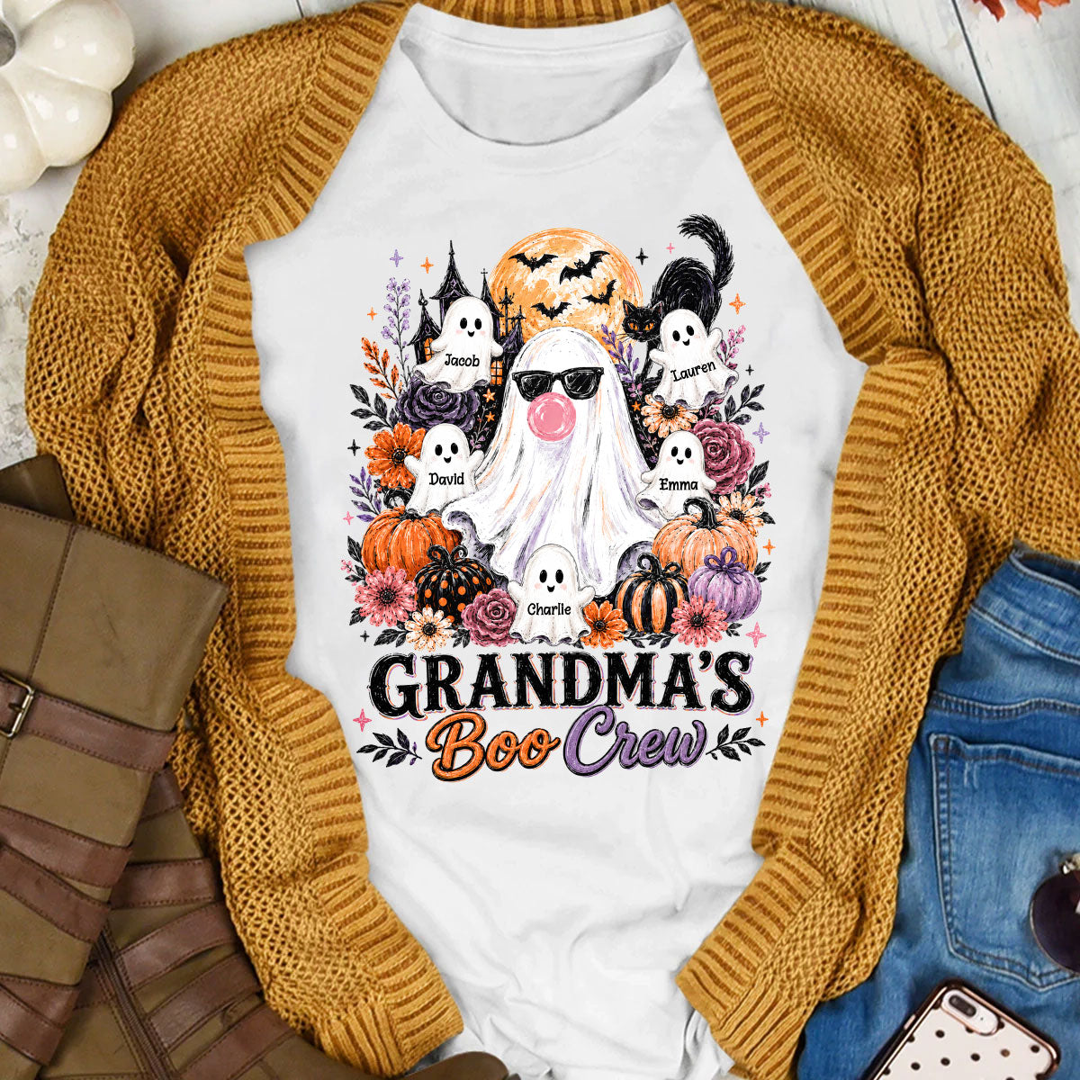 Grandma's Boo Crew Haunted House - Personalized Shirt - Trendy Halloween Tee for Grandma