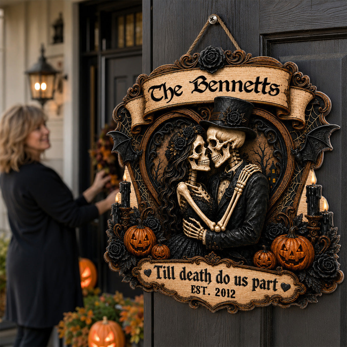 Our Love Is Eternal Skeleton Couple 2D Flat - Personalized Wood Sign - Halloween Decor For Couple