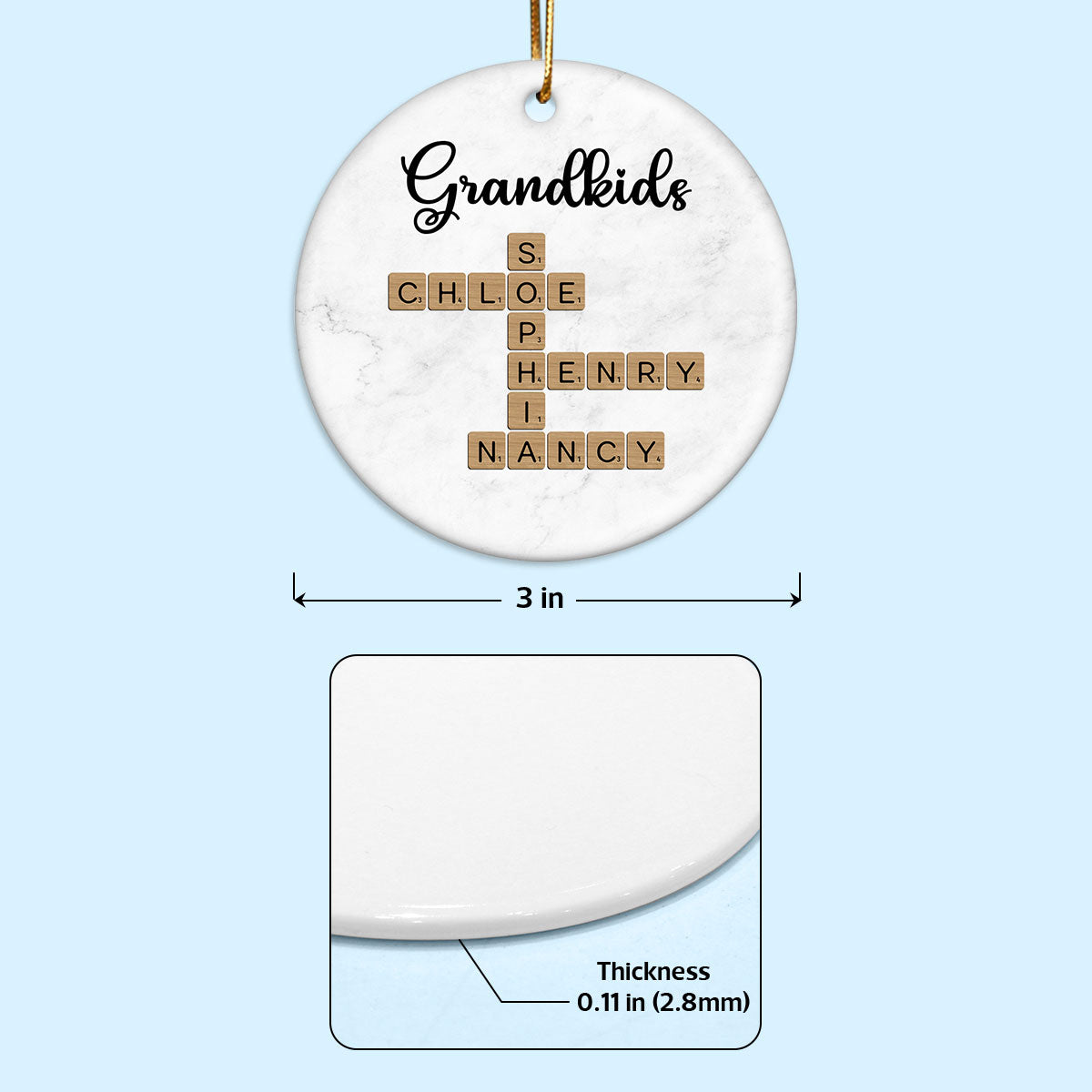 Grandkids Crossword Art - Personalized Ceramic Ornament - Sentimental Gift for Grandma Grandpa Grandkids