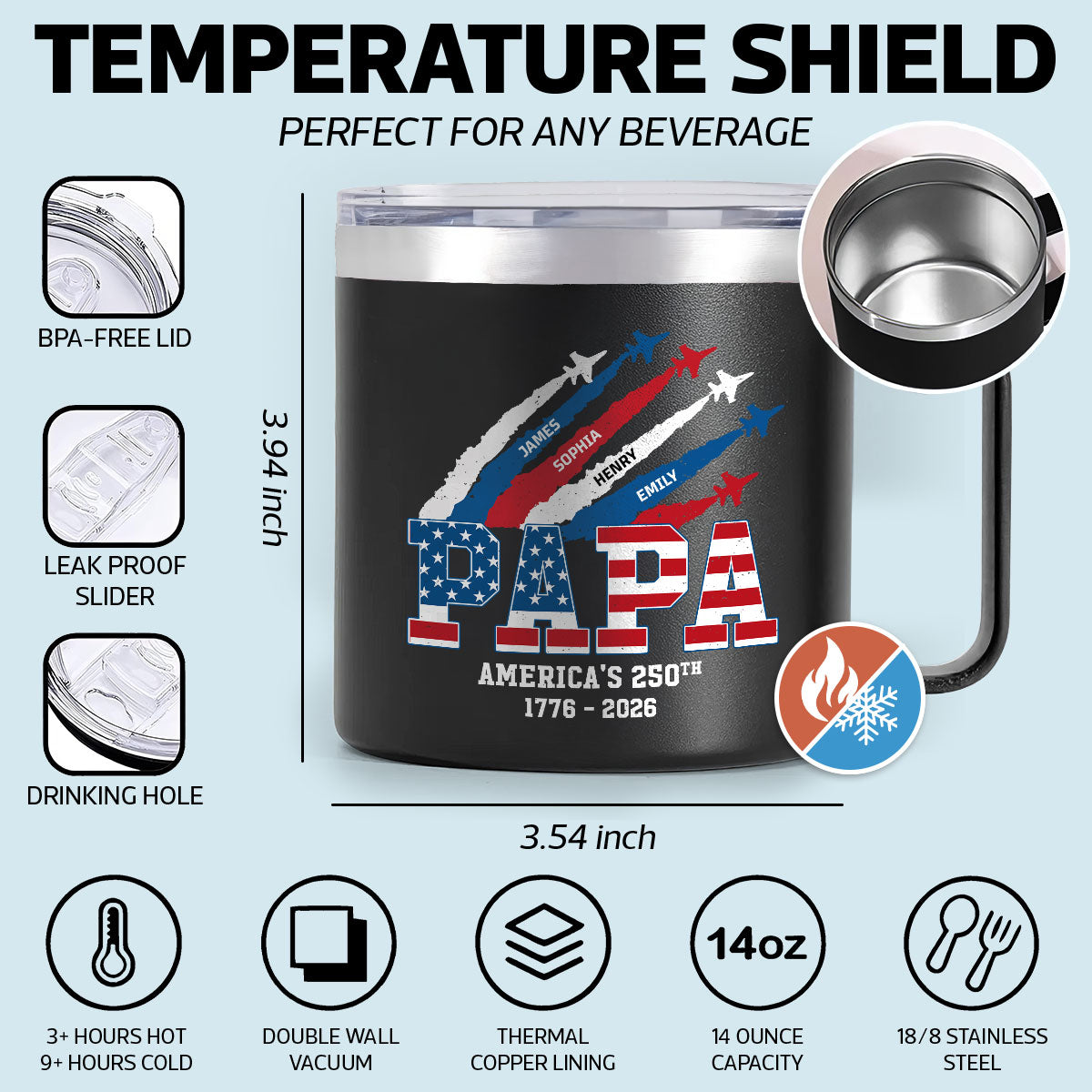 Proud Dad Grandpa Nation Flag American 250th Anniversary - Personalized Tumbler With Handle - Father's Day Gift For Patriotic Dad, Grandpa