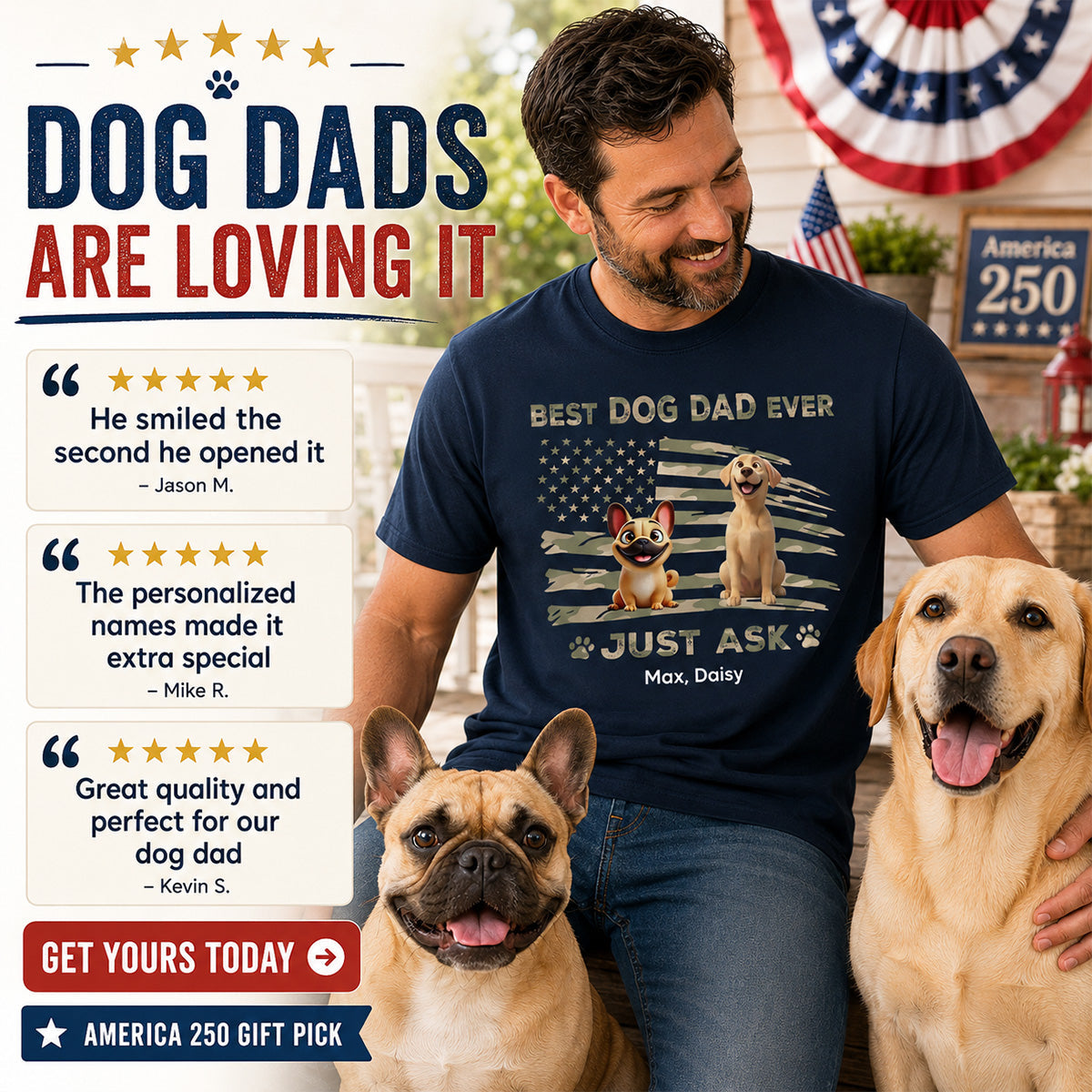 Best Dog Dad Ever Nation Flag - Personalized Shirt - Father's Day Gift For Dog Dad, Patriotic 4th Of July Gift, USA 250th Anniversary