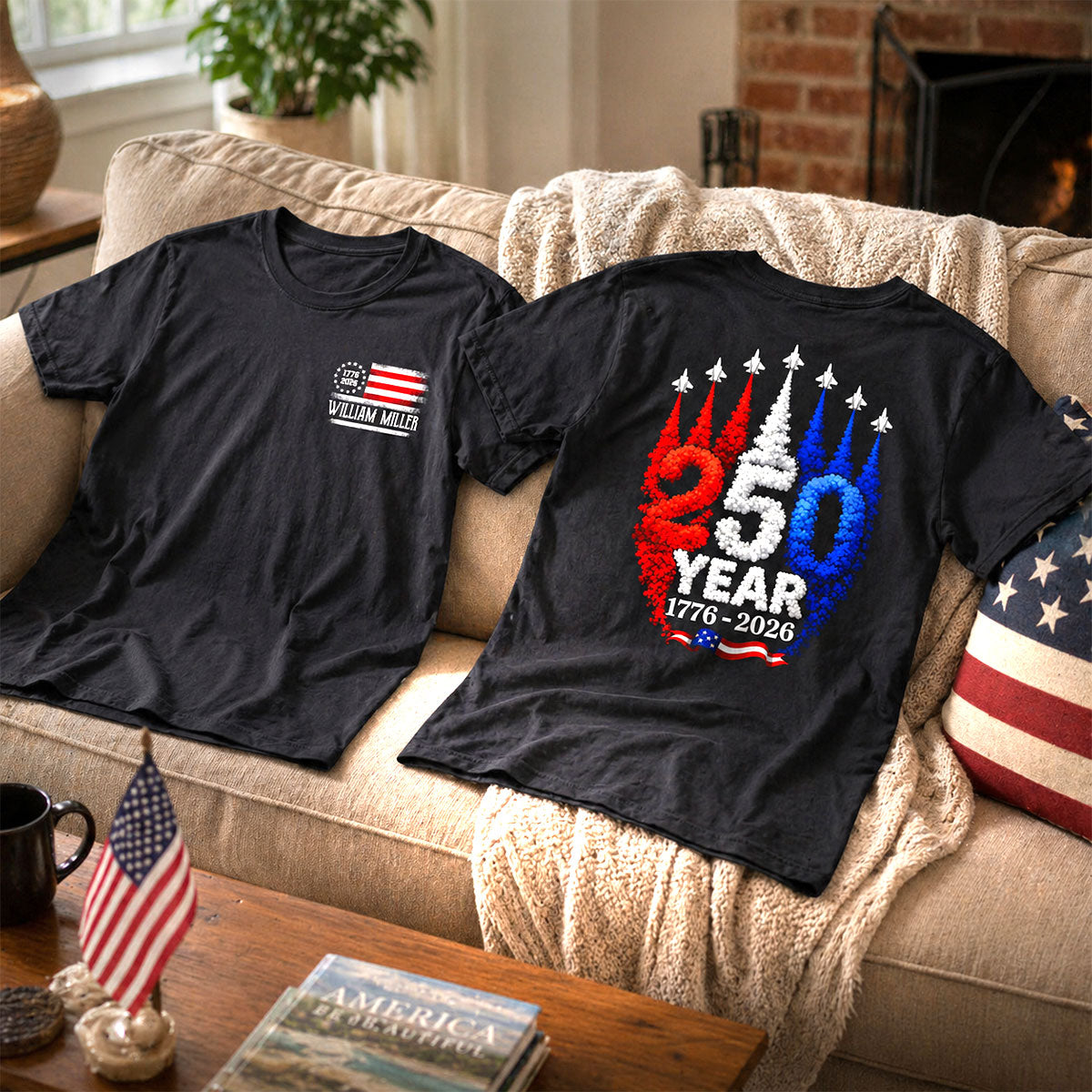250 Years American Flag Red White Blue Jet Smoke Custom Name - Personalized Shirt - United States 250th Anniversary USA Patriotic