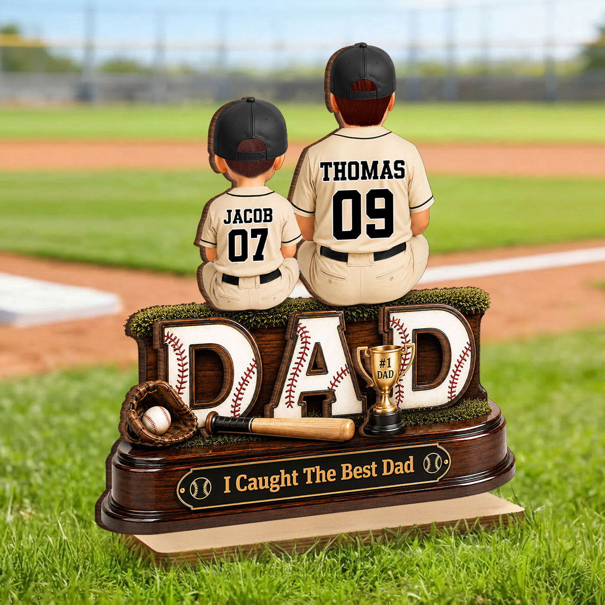 Baseball Dad and Children We Caught the Best Dad - Personalized 2-Layered Wooden Plaque -  Gift for Dad, Husband