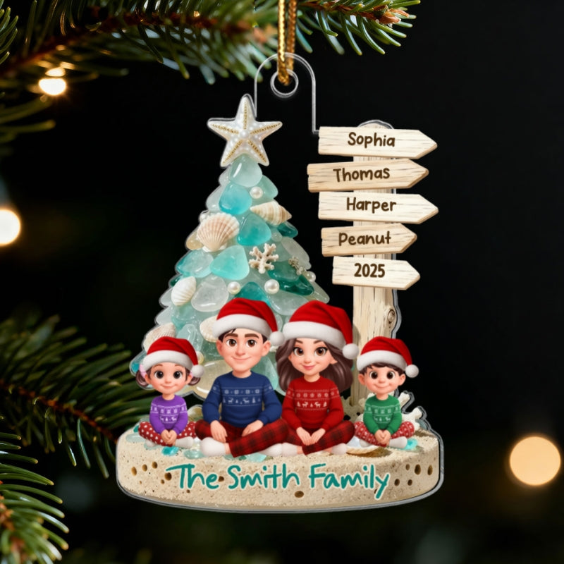 3D Sea Glass Effect Christmas Tree Sign Posts Family Together - Personalized Acrylic Ornament - Coastal Vibe Christmas Gift