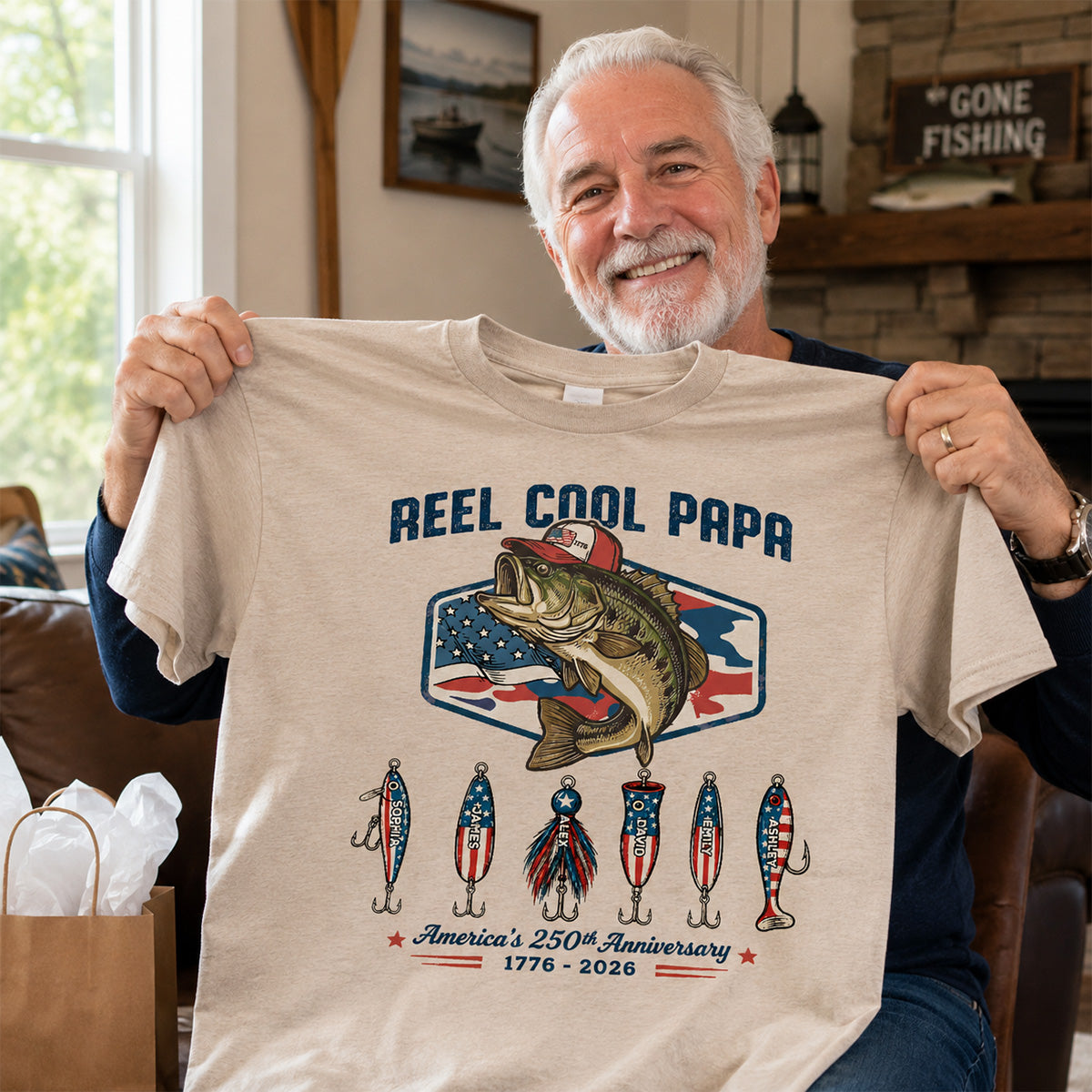 Reel Cool Dad Grandpa Custom Kid Names - Personalized Shirt - American 250th Anniversary Gift For Patriotics