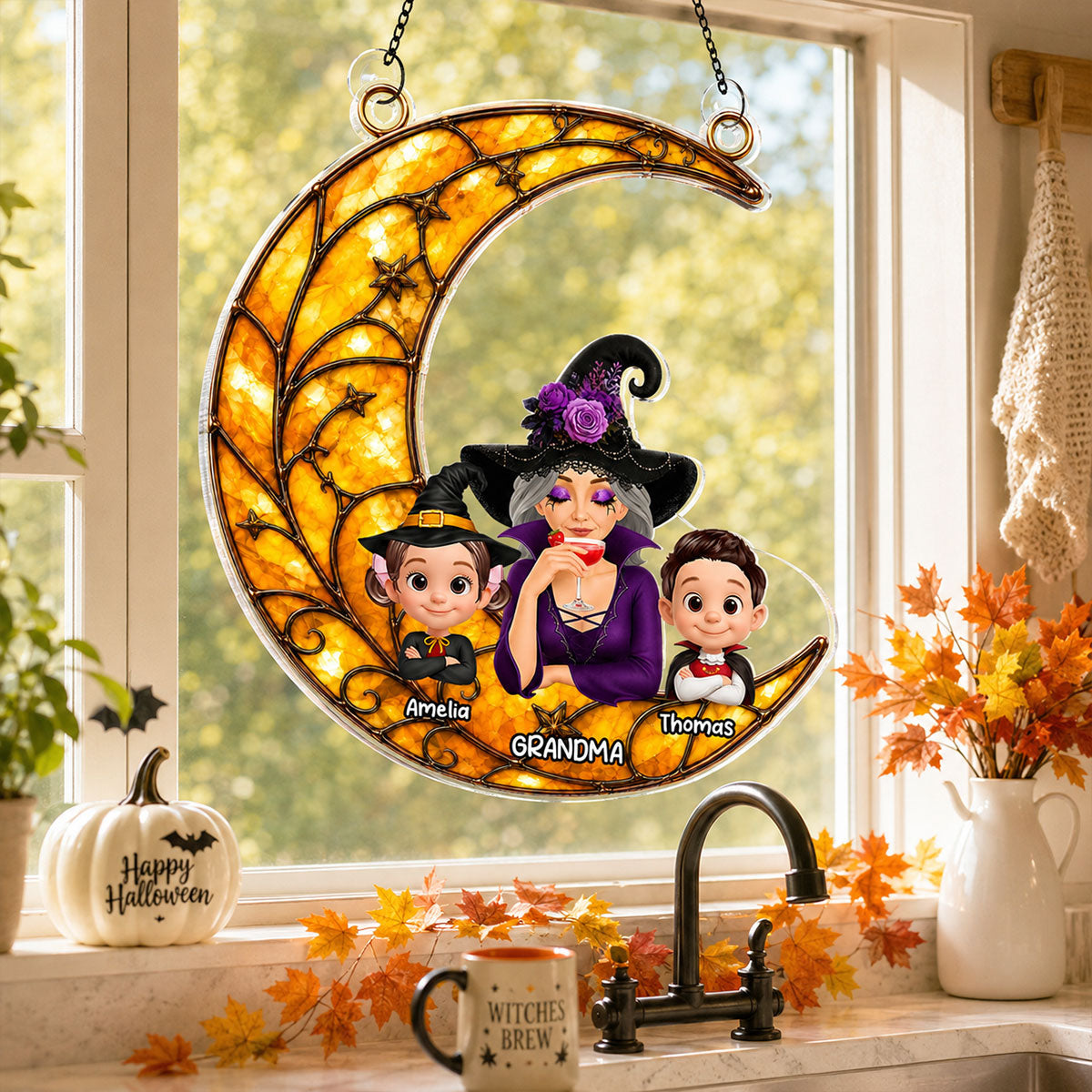 Halloween Moon Grandma Witch Grandkids - Personalized Acrylic Window Hanging - Halloween Gift For Grandma