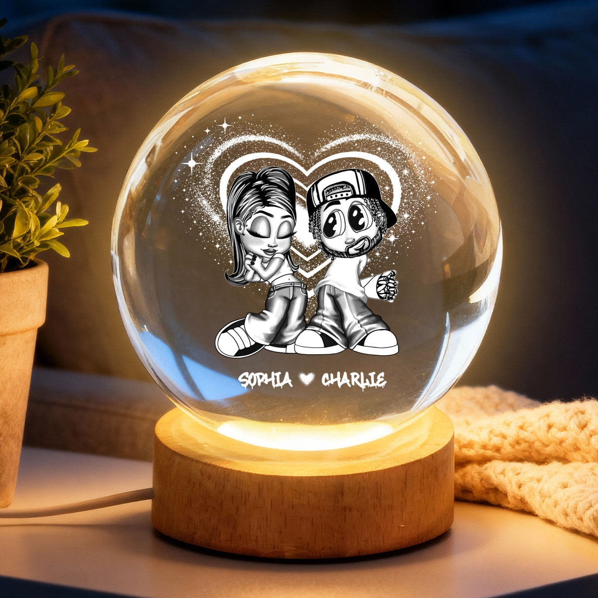 Eternal Love Y2K Couple - Personalized Crystal Ball LED Night Light - Heartfelt Valentine's Day Gift, Anniversary Gift For Couple, For Him, For Her