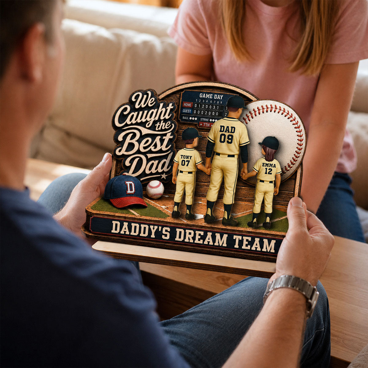 Baseball Things Dad & Kids Back View Standing 2D Flat - Personalized 2-Layered Wooden Plaque - Happy  For Baseball Dad