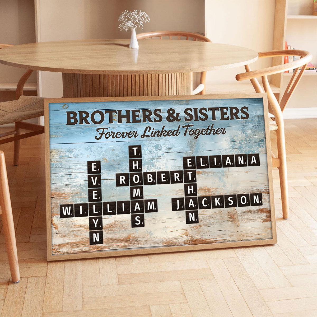 Brothers & Sisters Forever Linked Together Crossword Puzzle Art Blue Wood Palette - Personalized Poster - Gift For Siblings, Family