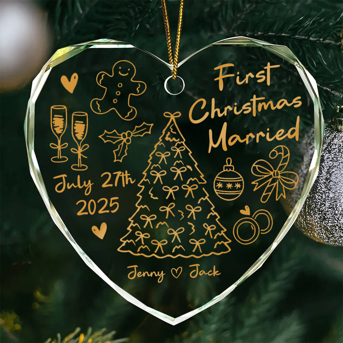 First Christmas Married Doodle - Personalized Glass Ornament - Christmas Gift For Him, For Her, For Couple