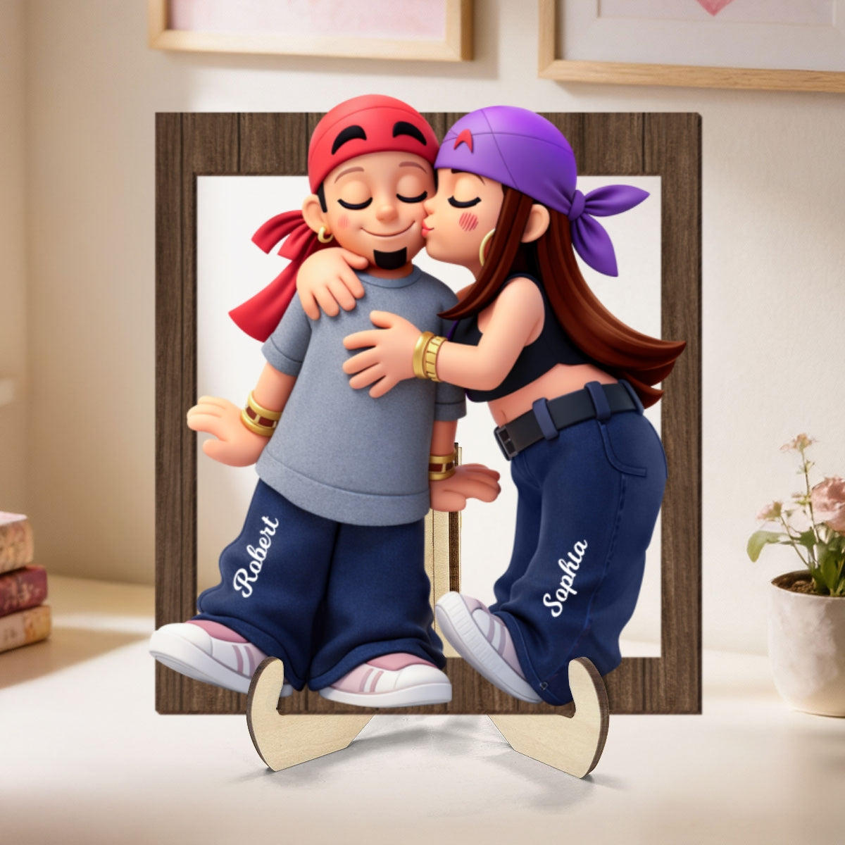 Y2K Couple Kissing - Personalized 2-Layered Wooden Plaque - Gift for Couple, for Him, for Her