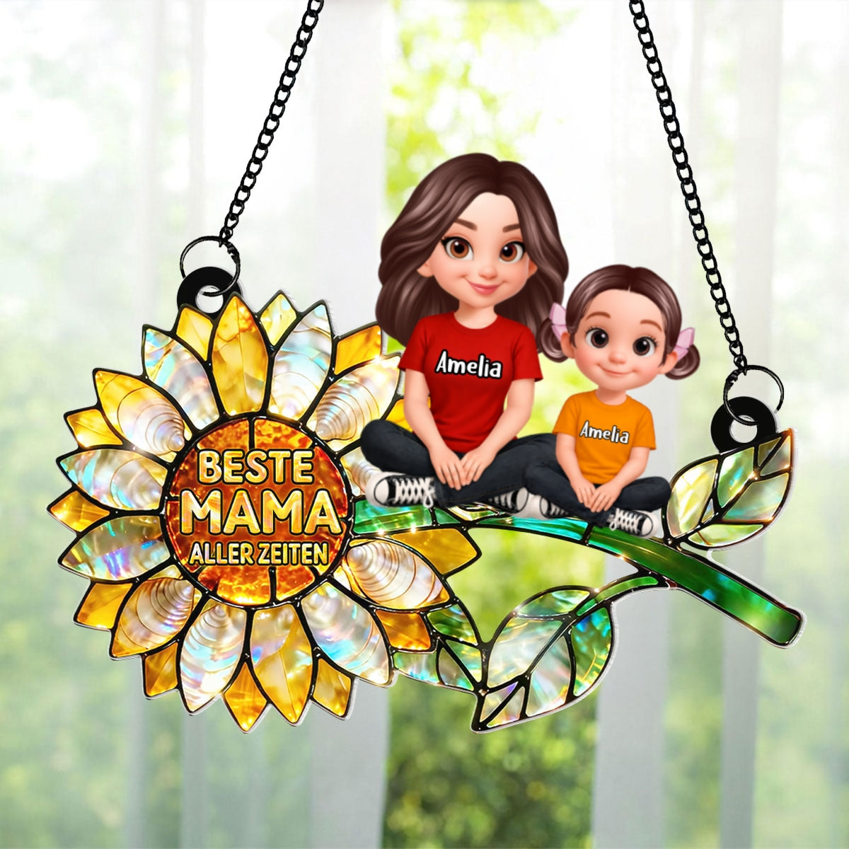 Sonnenblumen-Mama mit Kindern – Personalisierter Suncatcher fürs Fenster – Liebevolles Muttertagsgeschenk für Mama oder Ehefrau