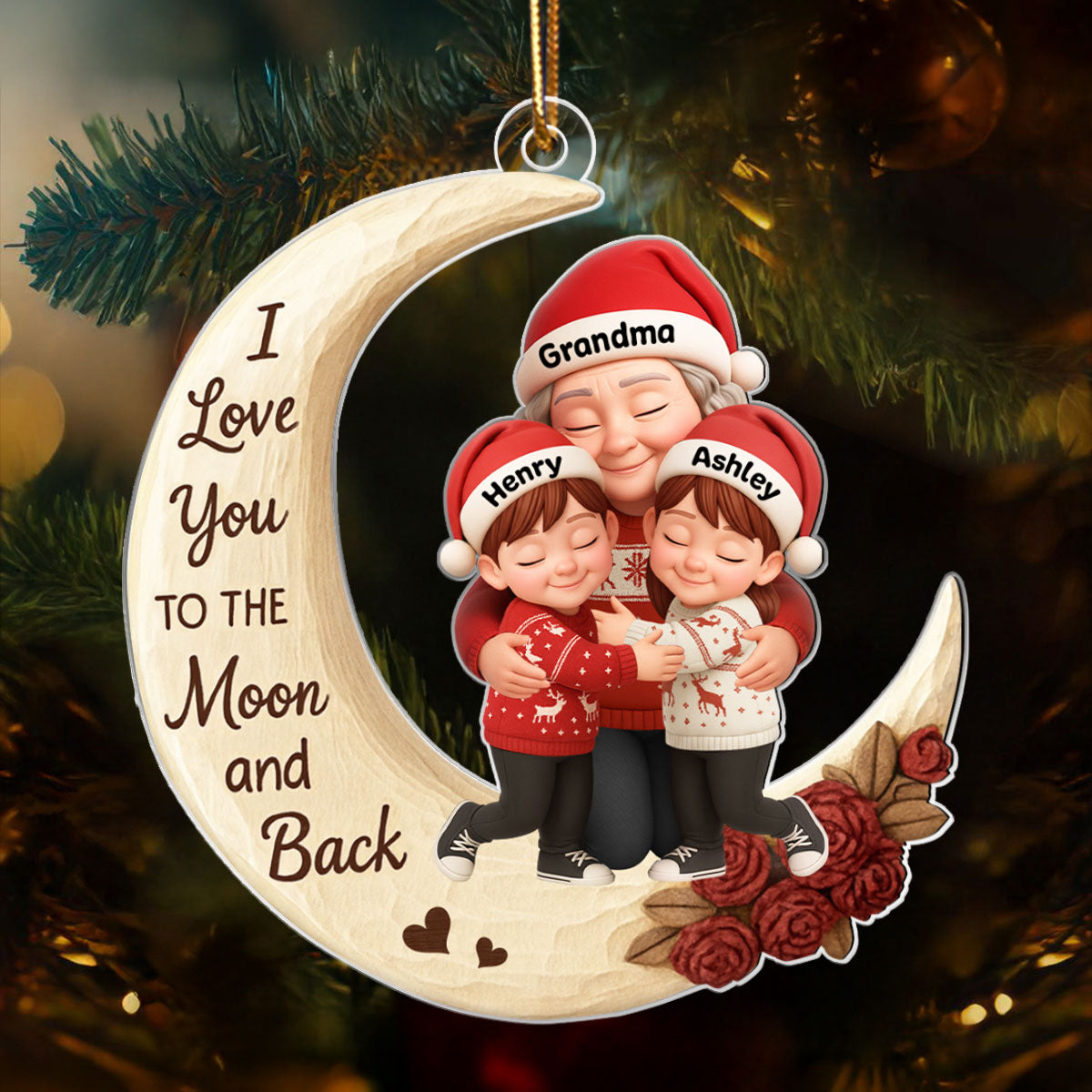 Grandma Grandkids Hugging on Moon 3D Wooden Effect - Personalized Acrylic Ornament - Christmas Gift for Grandma, Grandkids