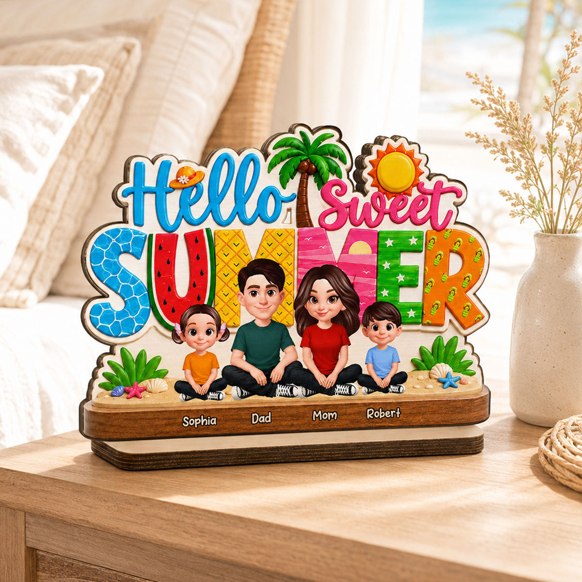 Hello Summer Vibe Family Grandpa Grandma Dad Mom Kids - Personalized 2-Layered Wooden Plaque - Gift For Family, Grandparents, Summer Decoration