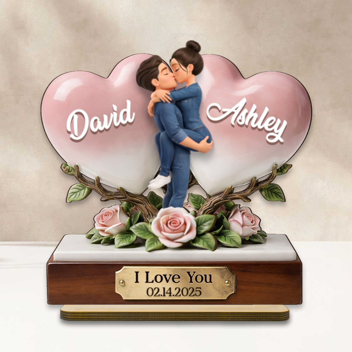 I Love You Couple Heart Rose - Personalized 2-Layered Wooden Plaque - Anniversary, Valentine's Day Gift, Gift For Him, Gift For Her