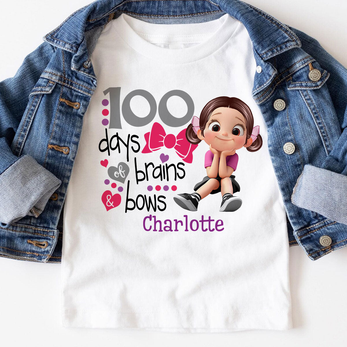 100 Days Brains & Bows Cute Little Girl - Personalized Kid T-Shirt - 100 Days Of School For Daughter, Granddaughter