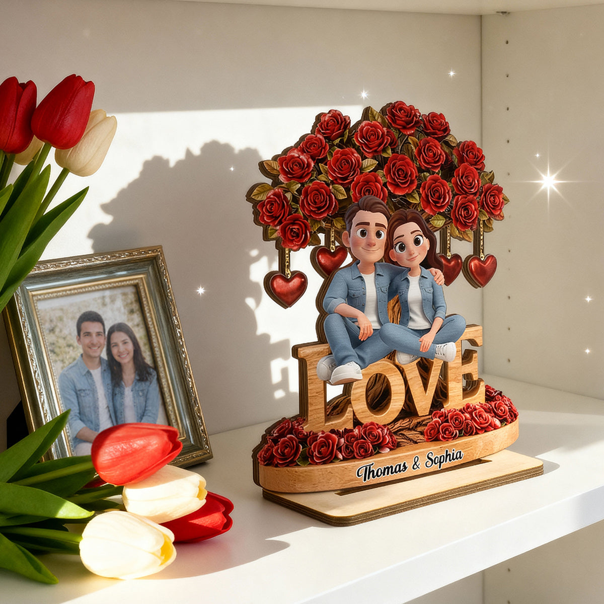 Couple Love Rose Tree Valentine's Day - Personalized 2-Layered Wooden Plaque - Sentimental Gift for Her, for Him