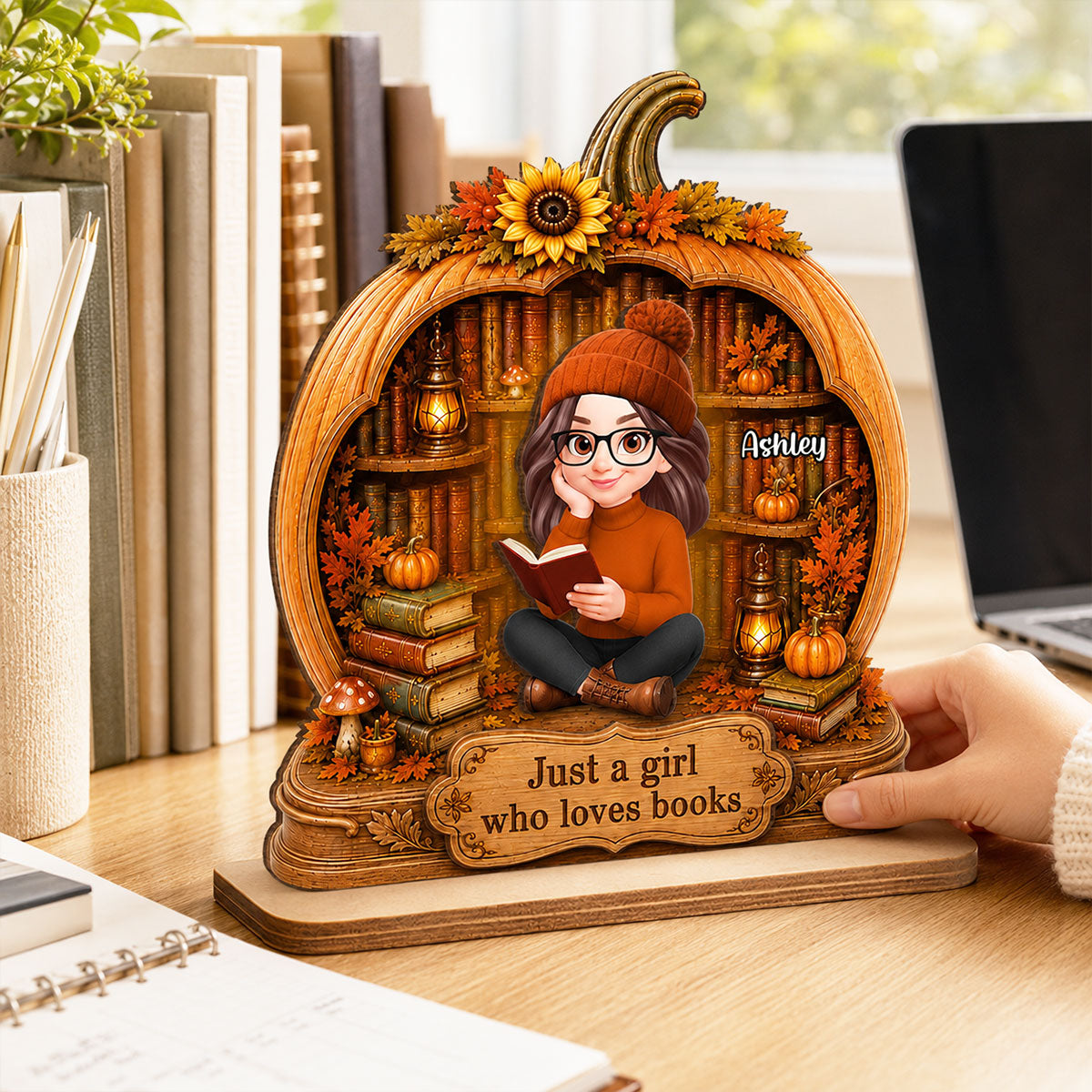 Fall Season Pumpkin Just A Woman Who Loves Books - Personalized 2-Layered Wooden Plaque - Fall Gift For Book Lovers