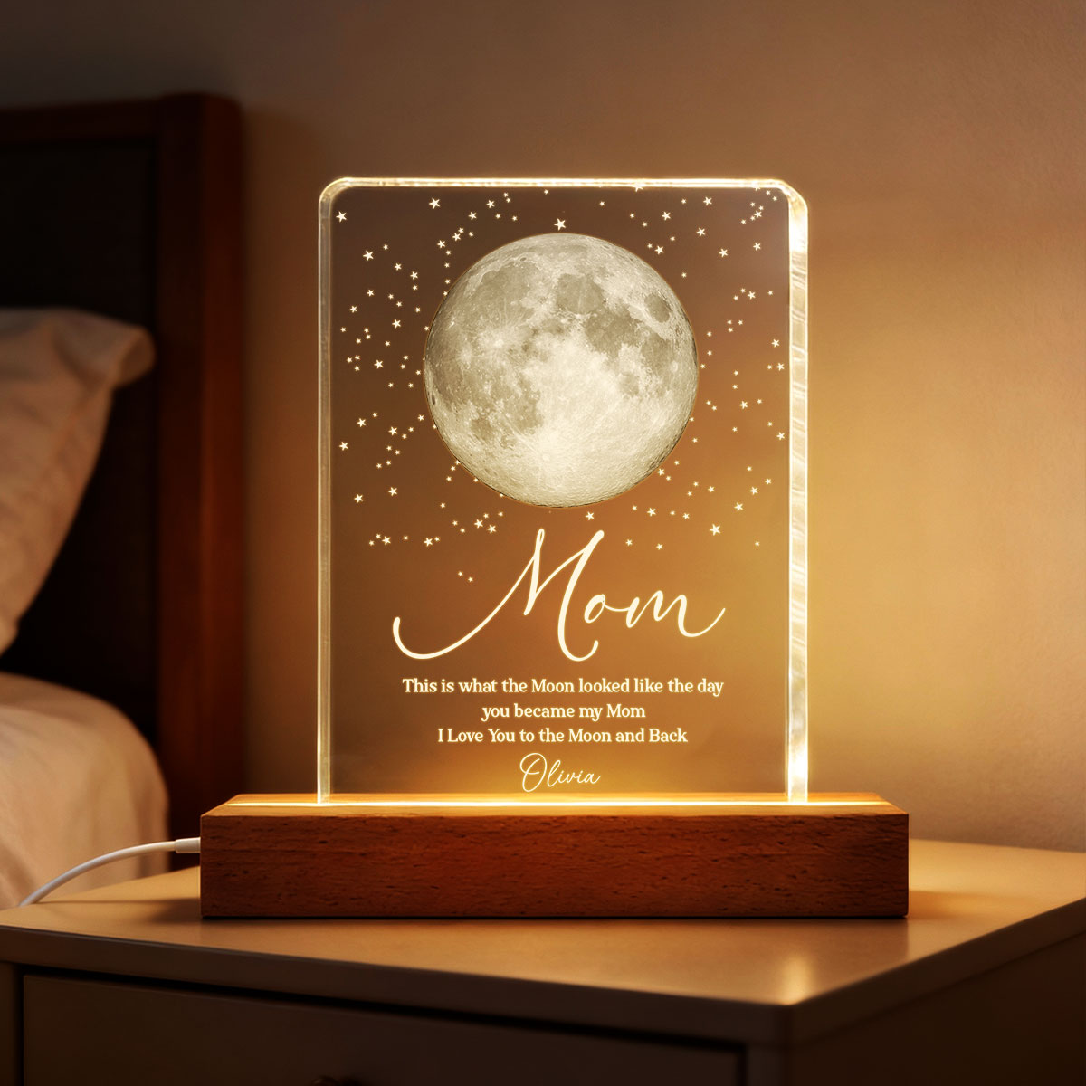 Mom I Love You to the Moon and Back, Custom Moon Phase by Date - Personalized Acrylic Block LED Night Light - Heartfelt Gift for Mom