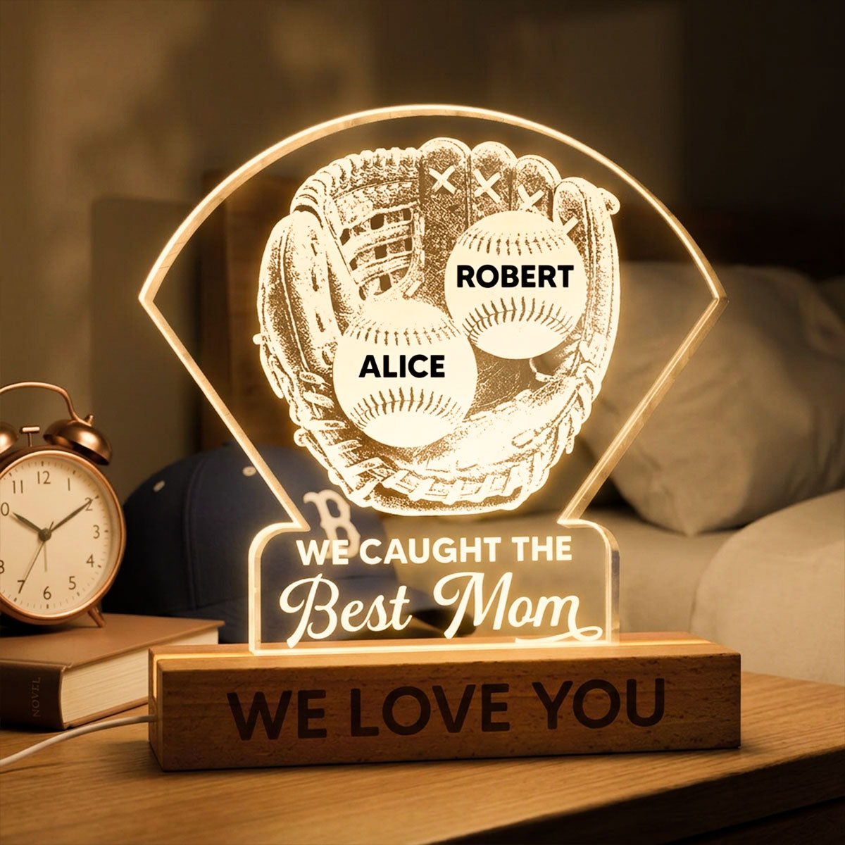 Baseball Glove We Caught The Best Mom - Personalized Acrylic Block LED Night Light - Mother's Day Gift For Baseball Mom