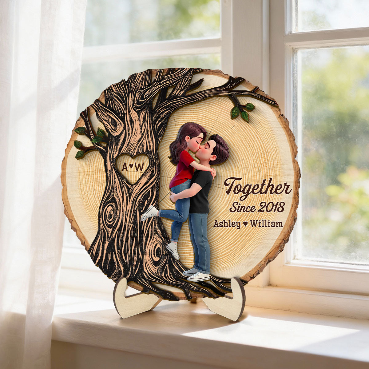 Couple Hugging Kissing Beside Eternal Tree Of Love - Personalized 2-Layered Wooden Plaque - Gift For Couple