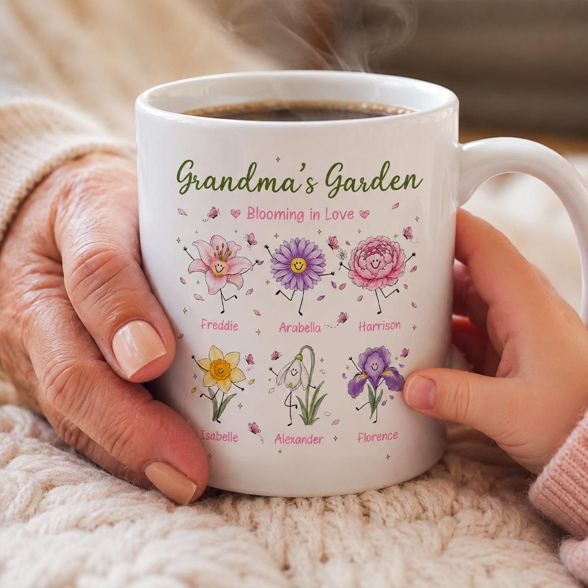 Grandma's Garden Cute Doodle Birth Month Flowers - Personalized Mug - Gift For Grandma