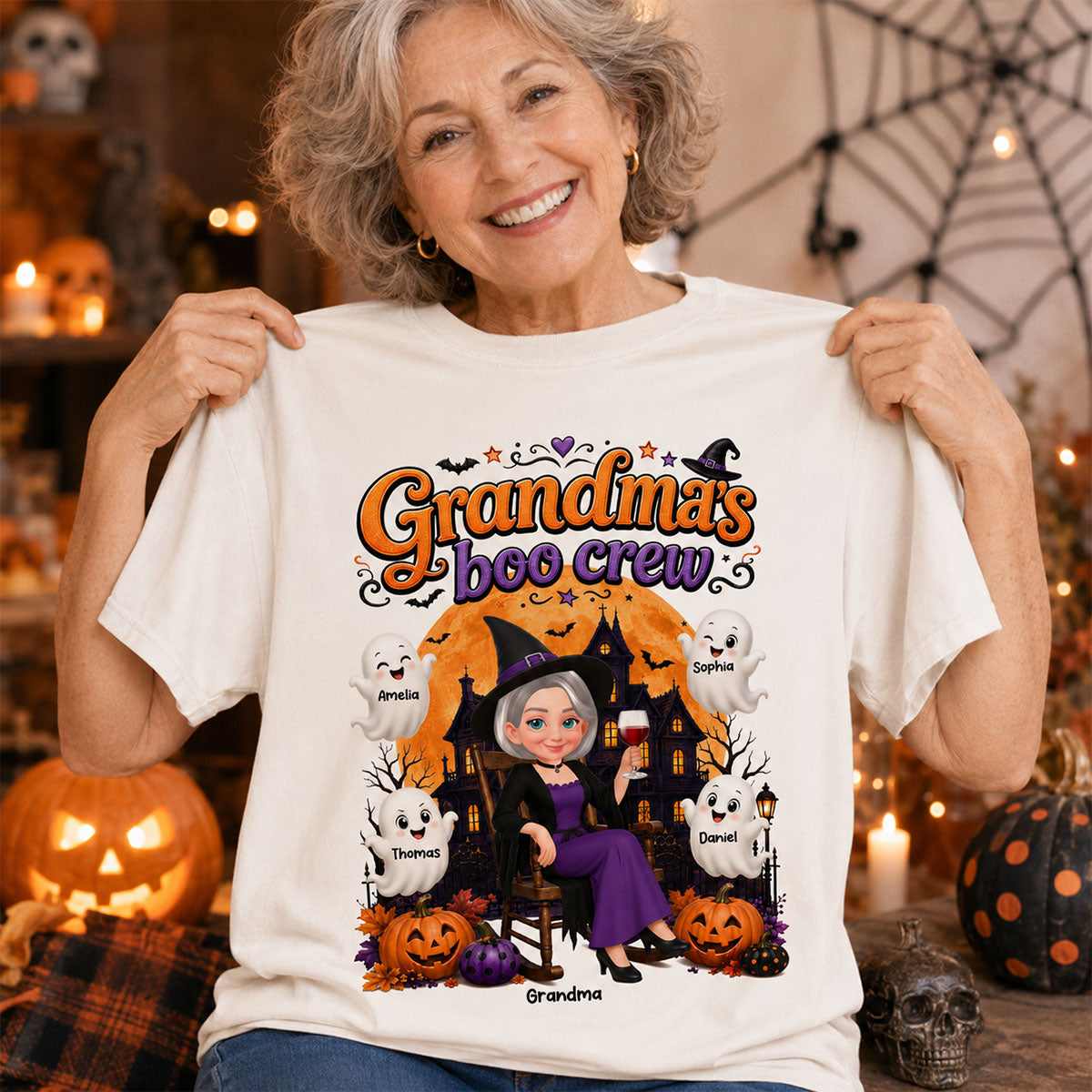 Cute Halloween Haunted House Grandma's Boo Crew - Personalized Shirt - Halloween Gift For Grandma