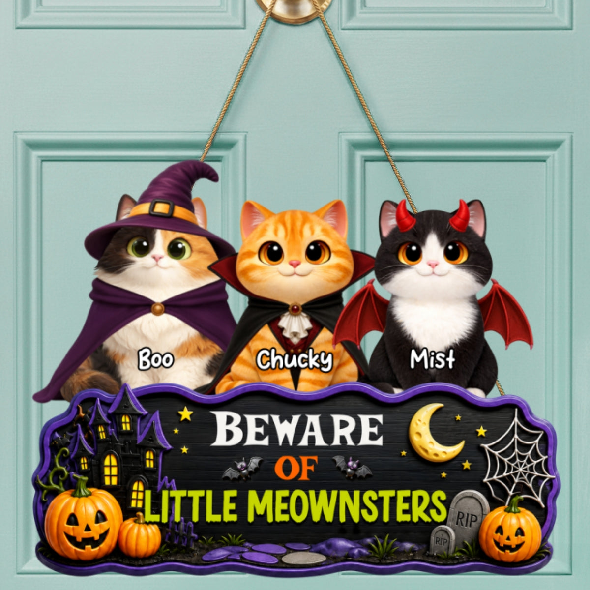 Spooky Halloween Beware of Little Cats Meownsters - Personalized Wood Sign - Halloween Gift For Cat Lovers, Halloween Decor