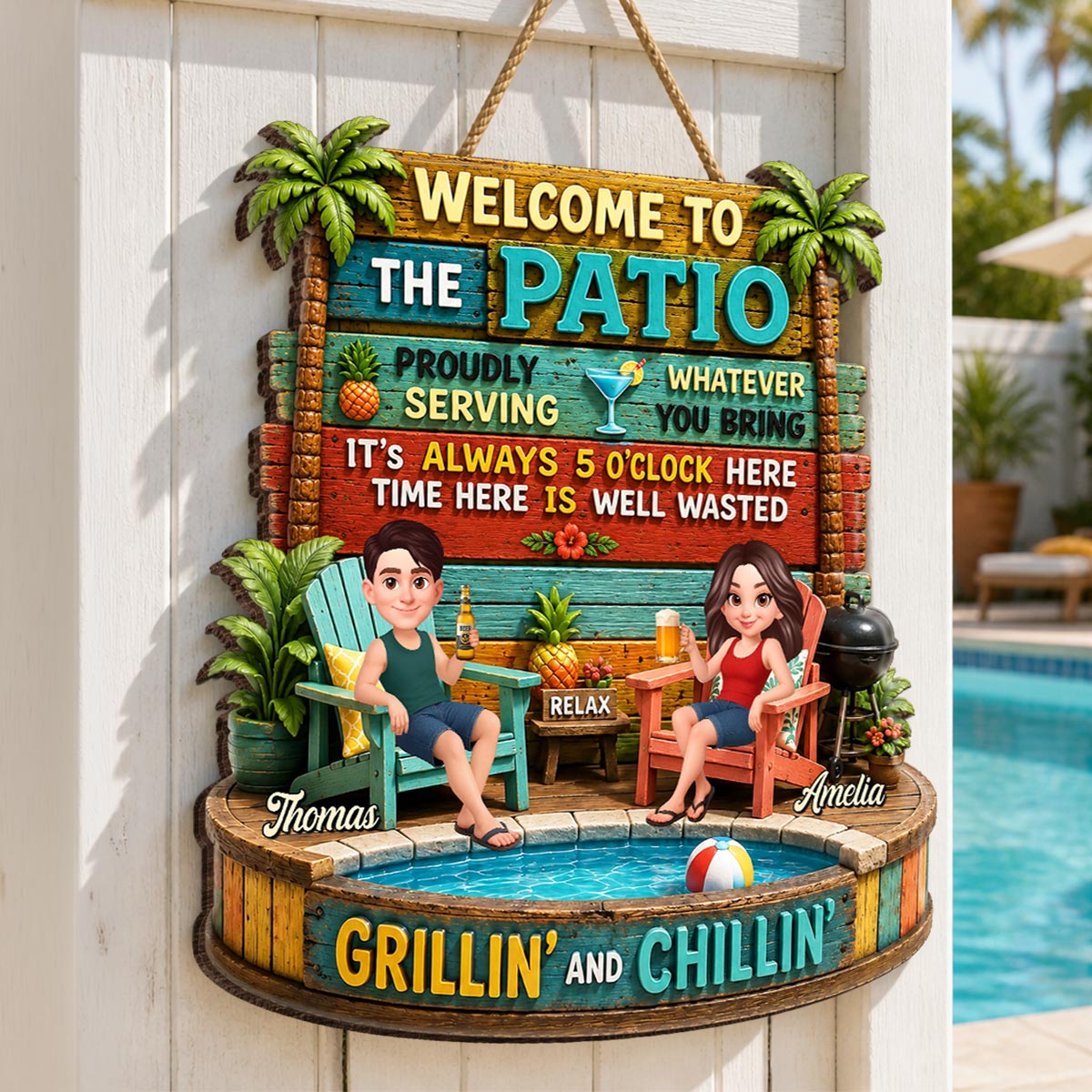 Couple Patio Welcome Proudly Serving Whatever You Bring - Personalized Wooden Sign - Summer Backyard Decor