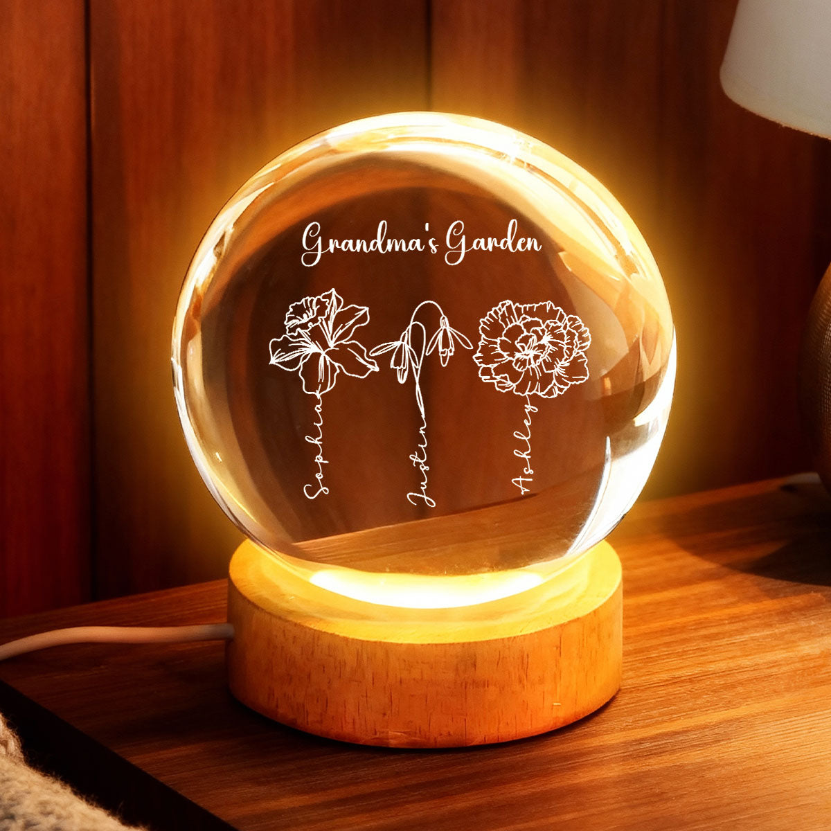 Grandma Garden Custom Birth Month Flowers - Personalized Crystal Ball LED Night Light - Heartfelt Gift For Grandma