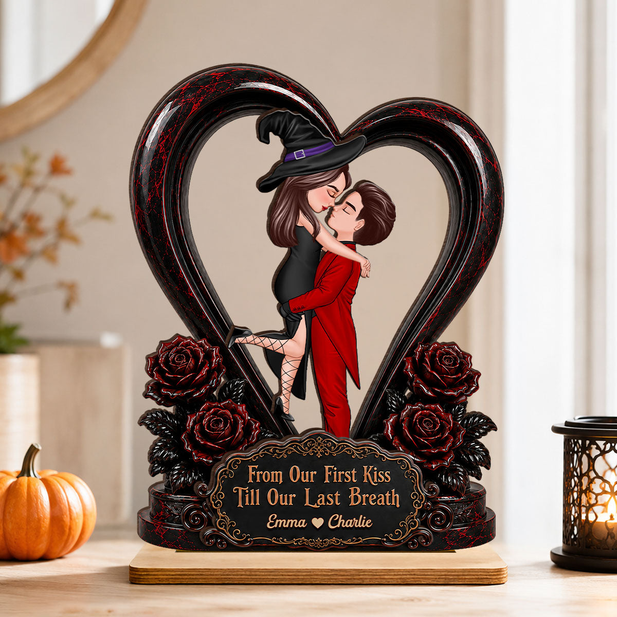 From Our First Kiss Til Our Last Breath Halloween Couple - Personalized 2-Layered Wooden Plaque - Heartfelt Keepsake for Him, for Her
