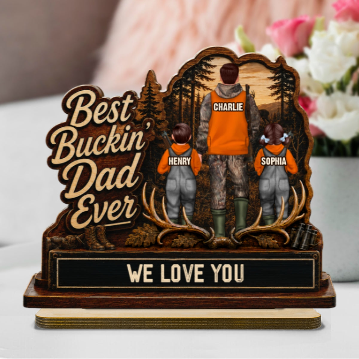 Best Buckin' Dad Papa Ever Hunting Man & Kids 2D Flat - Personalized 2-Layered Wooden Plaque -  Gift For Hunting Dad, Grandpa