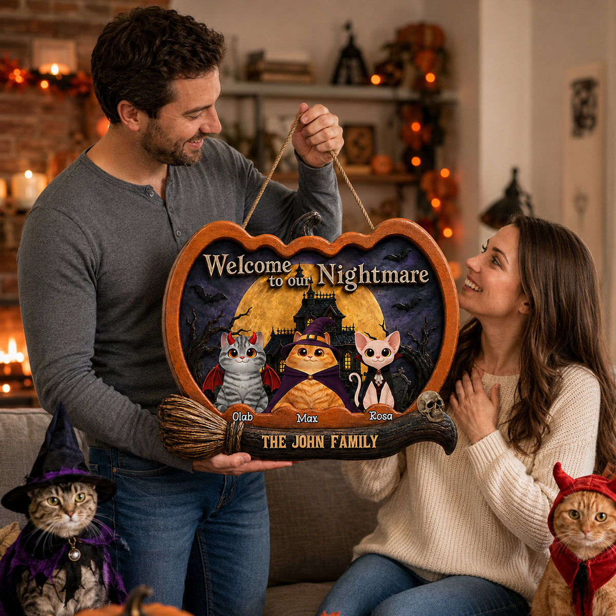 Welcome To Our Nightmare Cat Halloween - Personalized Door Sign - Halloween Decor Gift, Gift For Cat Lovers
