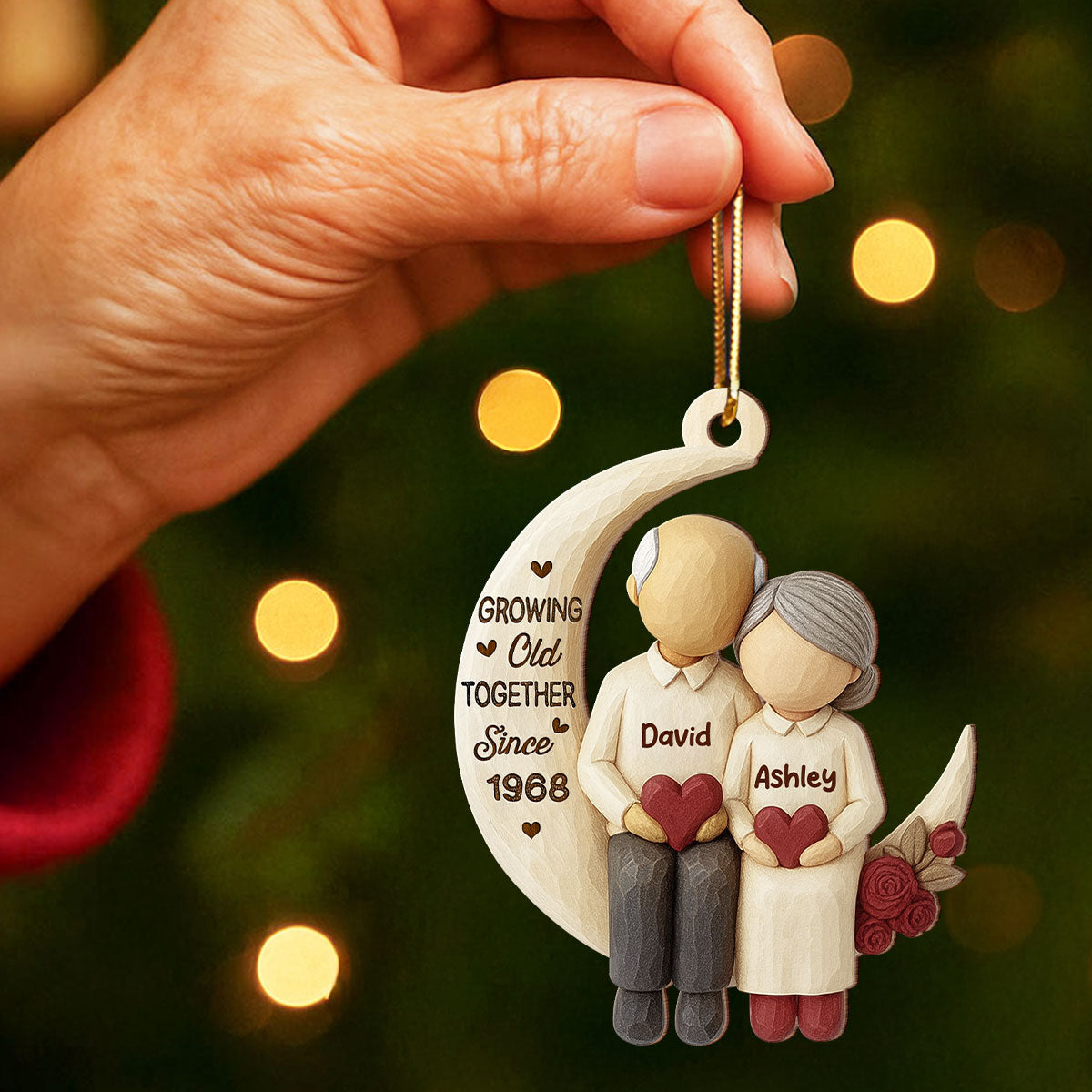 Old Couple Sitting on Moon - Personalized Wooden Ornament - Christmas Gift for him, Gift for her