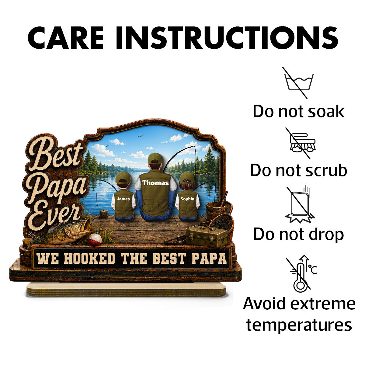 We Hooked The Best Dad Papa Fishing Man & Kids Back View 2D Flat - Personalized 2-Layered Wooden Plaque -  Gift For Hunting Dad, Grandpa