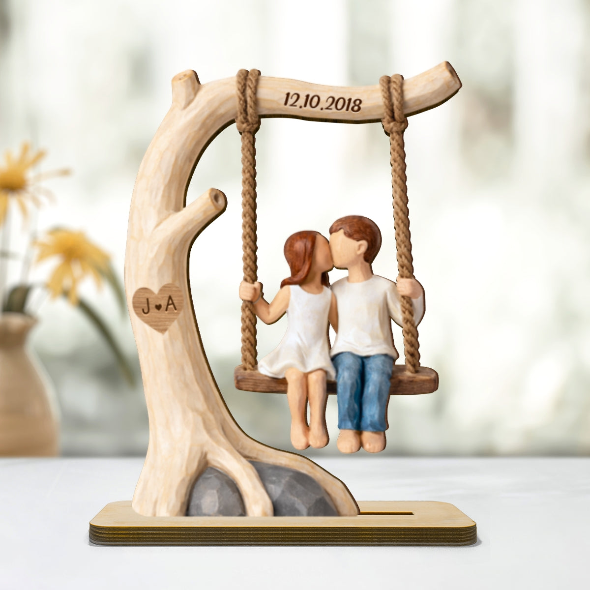 Couple Rustic Love on a Wooden Swing - Personalized 2-Layered Wooden Plaque - Sentimental Anniversary Gift, Valentine's Day Gift for Her, for Him