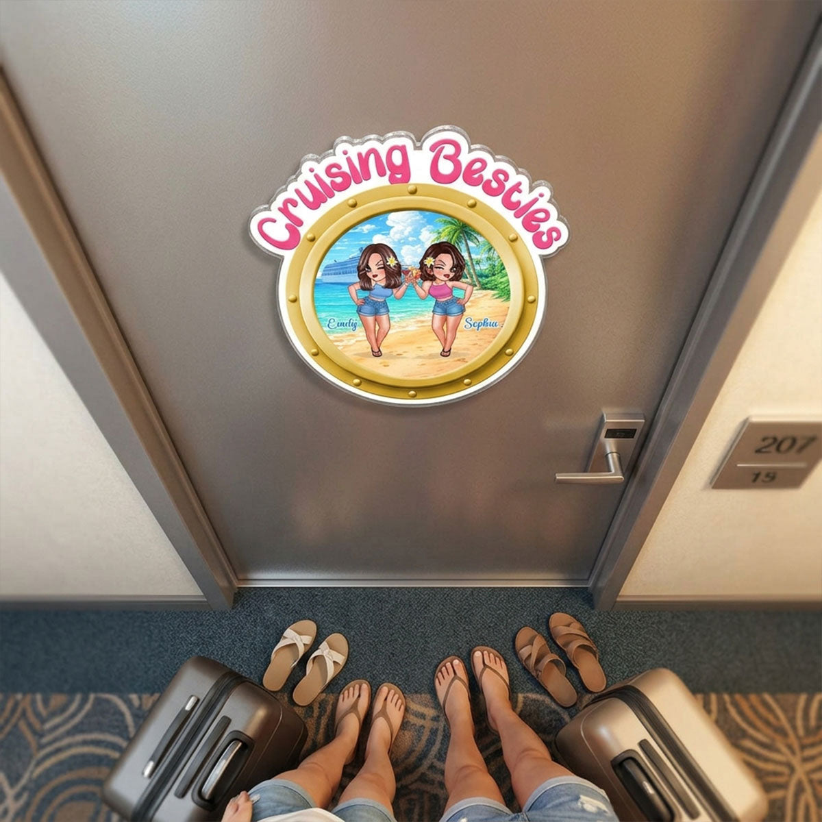 Cruise Besties Pretty Women On Beach Porthole - Personalized Cruise Ship Door Magnet - Girls Cruise Trip Keepsake